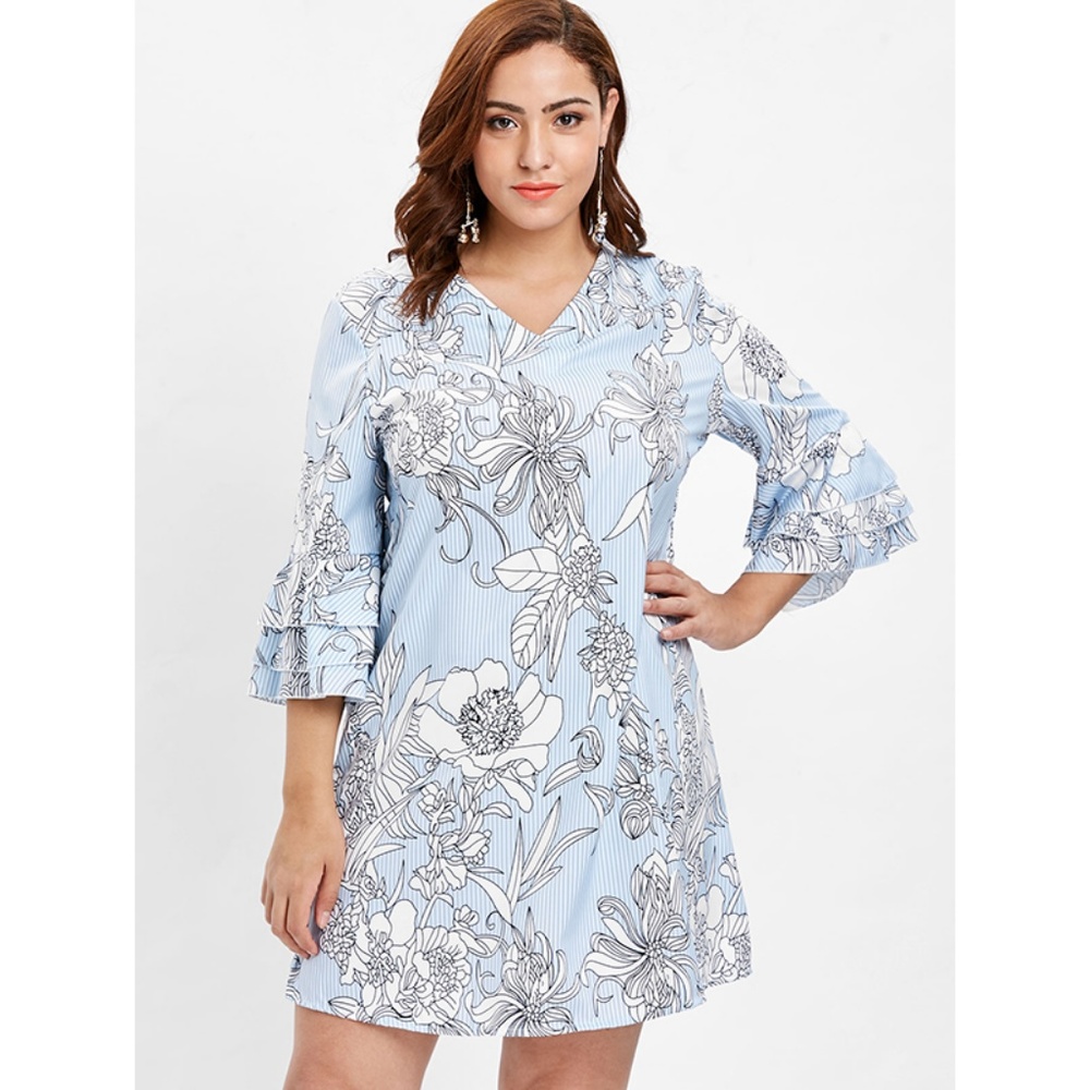 Plus Size Ruffle Sleeve Floral Print Shift Dress - Picture 2 of 7